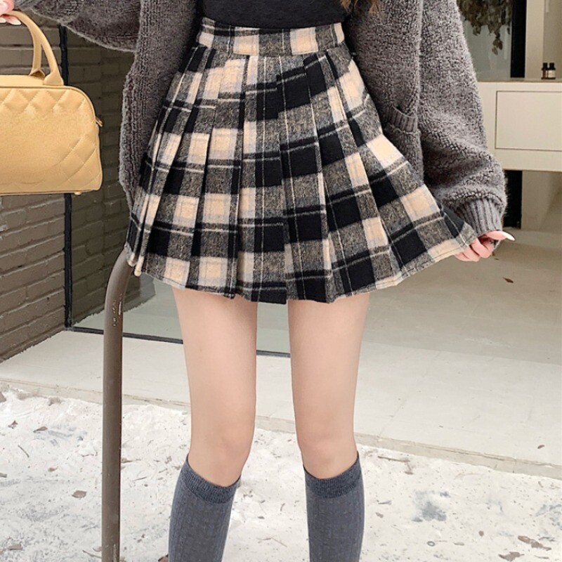 Lady Girl Plaid Check Skirt High Waist Thermal A-line Half Dress