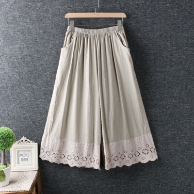 Lady Cotton Lace Pettipants Wide Legging Pants Split Skirt Slips Bloomers