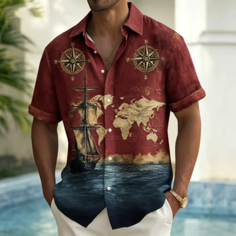 Men's short sleeved shirt sailing compass world map printed short sleeved shirt