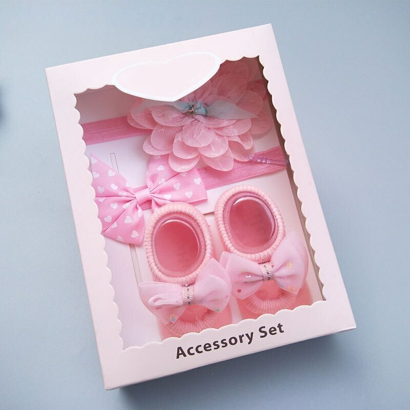 Newborn Baby Headband Socks Set Cute Flower Pearls Bows Princess Girls Hair Band