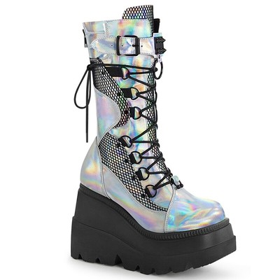 DEMONIA GOTHIC PLATEAU STIEFEL SHAKER-70 - LACK SILBER HOLOGRAMM