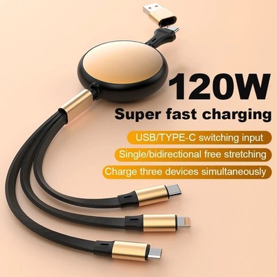 5A 120W 3 in 2 Fast USB C Cable Huawei/Honor Retractable Portable Micro USB