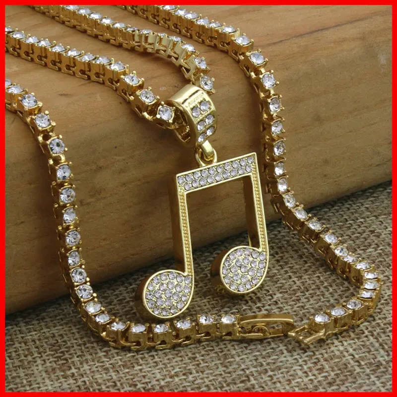 Unisex 14K Gold PT Music Note Iced Icon Pendant 4Mm 24