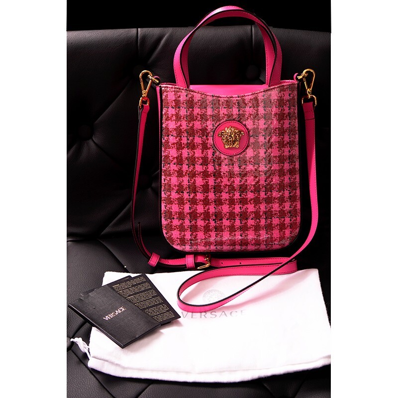 NEW $1325 VERSACE Pink Leather & Vinyl Houndstooth LA MEDUSA