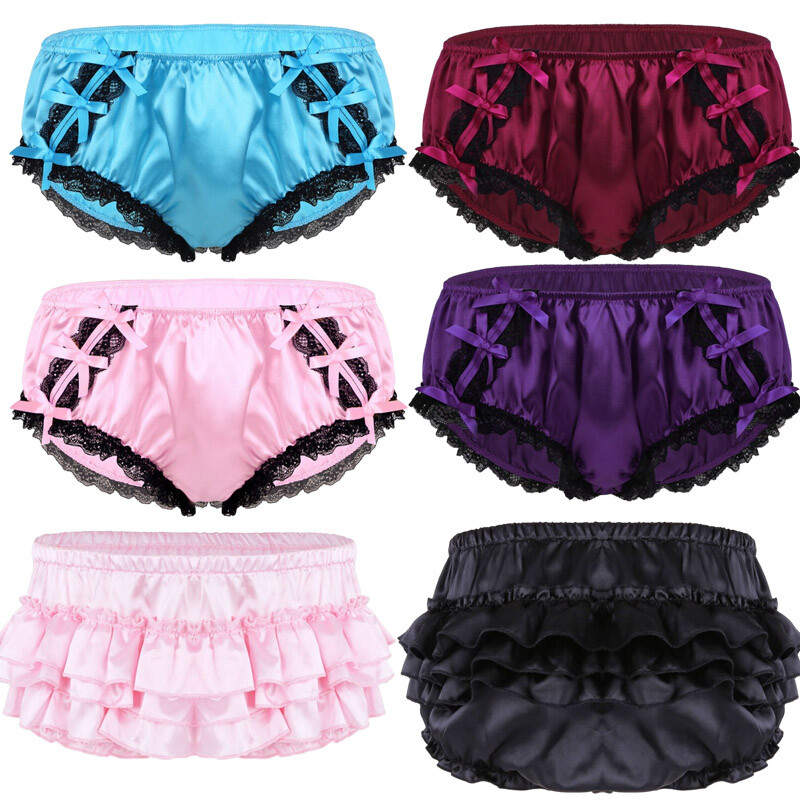 US Sexy Mens Shiny Satin Briefs Ruffled Bloomer Tiered Skirted Panties Underwear US Sexy Mens Shiny Satin Briefs Ruffled Bloomer Tiered Skirted Panties Underwear