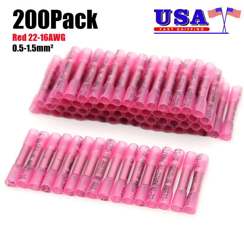 200pcs Red Heat Shrink Butt Wire Connectors Crimp Terminals Awg 22-16 Gauge