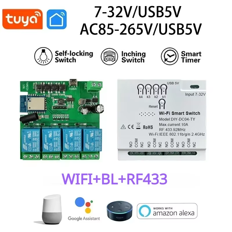 Tuya Wifi RF 4 Channel Module 85-265V Smart Switch Tuya Zigbee Garage Door Switc