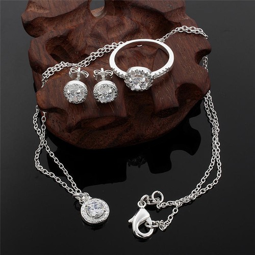 fashion women lady wedding 925 silver crystal necklace earring ring jewelry set