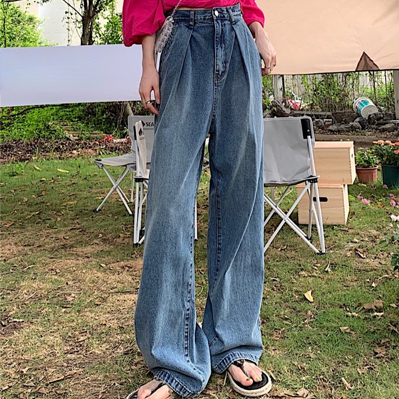 Lady Denim Wide Leg Pants Retro Jeans High Waist Trousers Casual Straight Korea