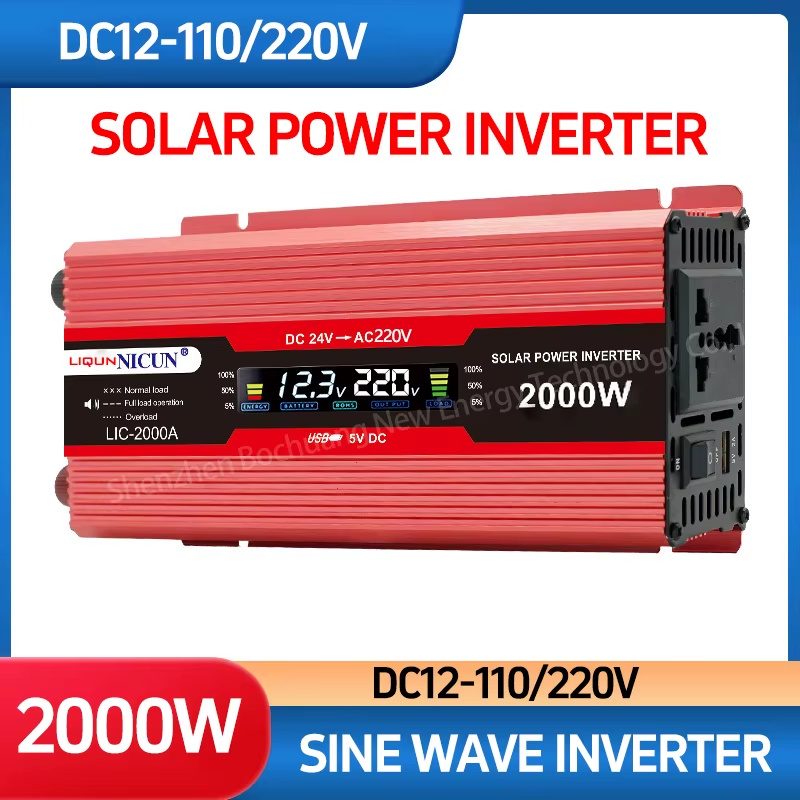 Pure sine wave inverter, high-power 1000W2000W, portable digital display, 12V to