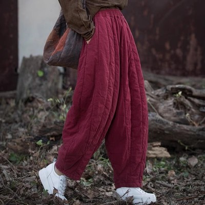 Womens Cotton Linen Loose Padded Harem Pants Elastic Waist Winter Warm Trousers