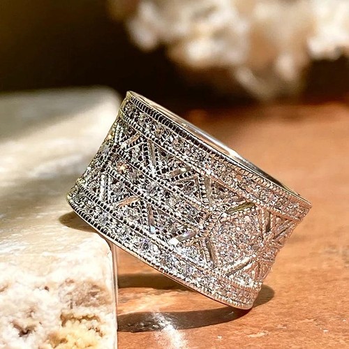 Damen Silberne Breite Geometrische Trauringe Band Mit Cubic-Zirconia