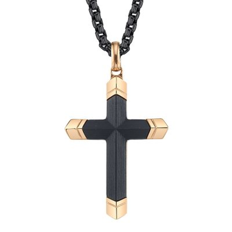 Spartan Men'S Carbon Fiber Black and Rose Gold IP Stainless Steel Cross Pendant 24