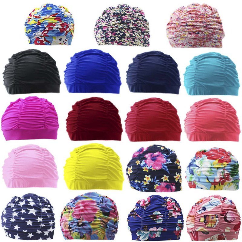 Women Drape Stretch Long Hair Adult Swimming Swim Hat Ruffle Cap