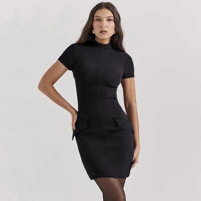 Two Pocket Short Sleeve Sexy Mini Dress For Women 2024 New Zipper Half High Col