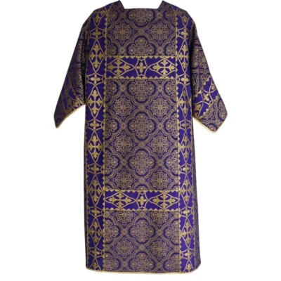 Dalmatic in roman style with woven orphrey belts. Brocade fabric,Open sides.