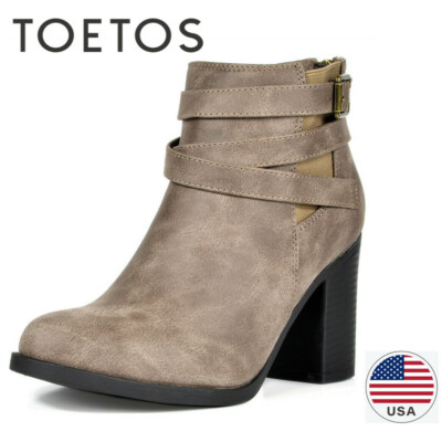 TOETOS Womens Chunky Booties Mid Block Heel Ankle Boots Zipper Casual Shoes