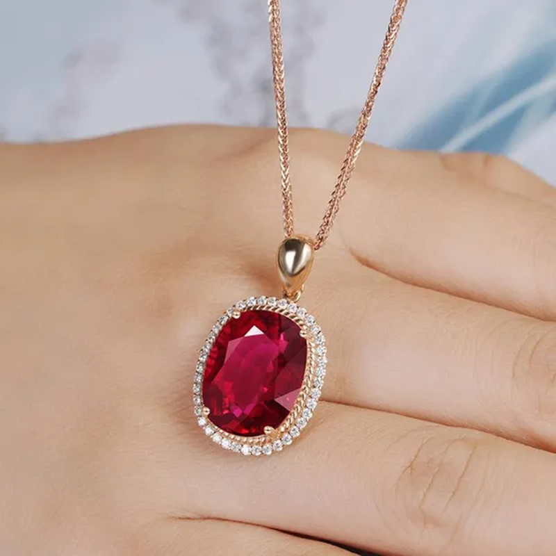 Jewelry Fashion Gold-Plated Zircon AAA Ruby Ellipse Pendant Rose Gold Necklace Ornament