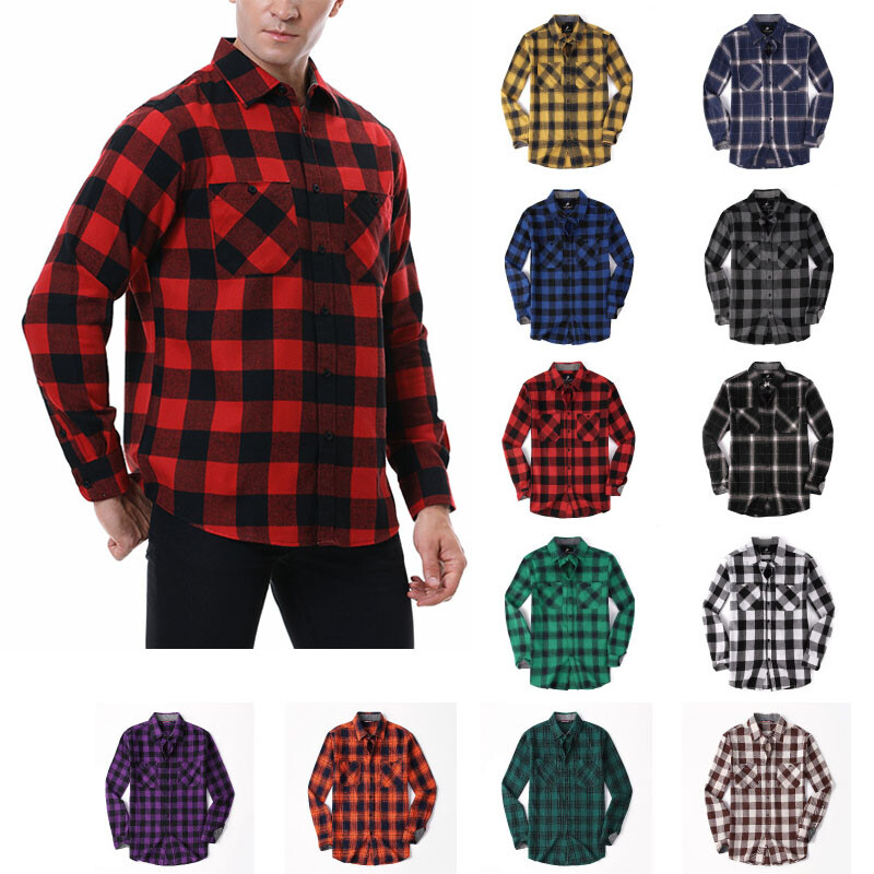 Men's Plaid Shirt Flannel Brushed Thermal Shirt Leisure Botton Shirt Size S-XXL
