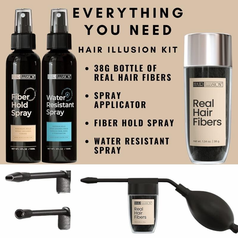 Hair Illusion 100% Real Hair Fibers Combo: Fibers, Hold & Water Spray, & App.