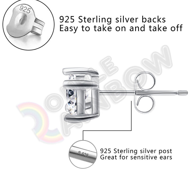 925 Sterling Silver Stud Earrings Men Women 3,4,5,6,7,8,10mm CZ Square