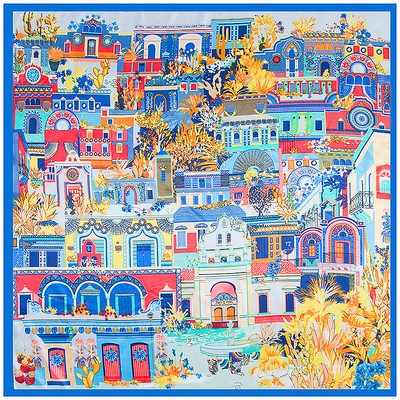 Women39s Satin Silk Square Scarf with the Pattern of Impressionism Village35quotx35quot
