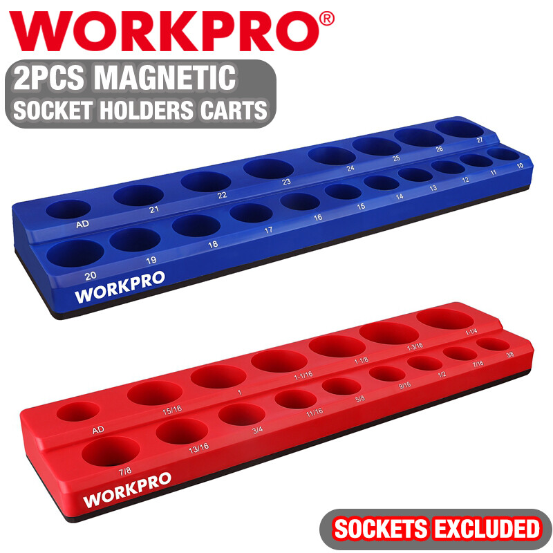 WORKPRO 2PC 1/2" Magnetic Socket Organizer Set Socket Holder Cart Set SAE Metric