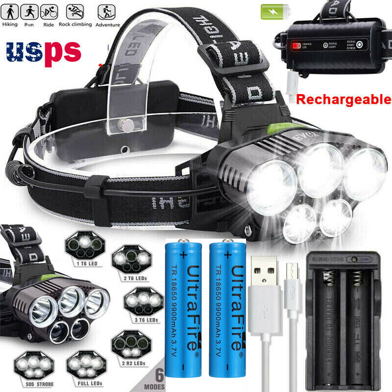 Camp 90000LM 5X T6 LED Headlamp Rechargeable Headlight Flashlight Torch Head