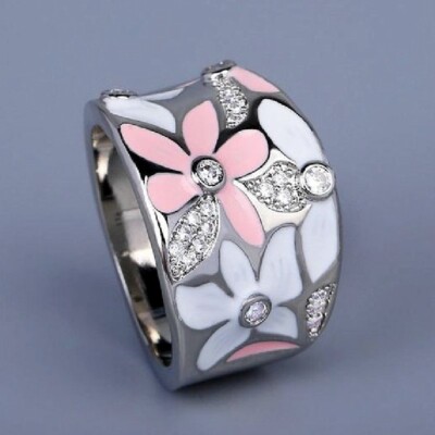 Women Pretty Flower 925 Silver Filled Ring Cubic Zirconia Band Jewelry Size 6-10