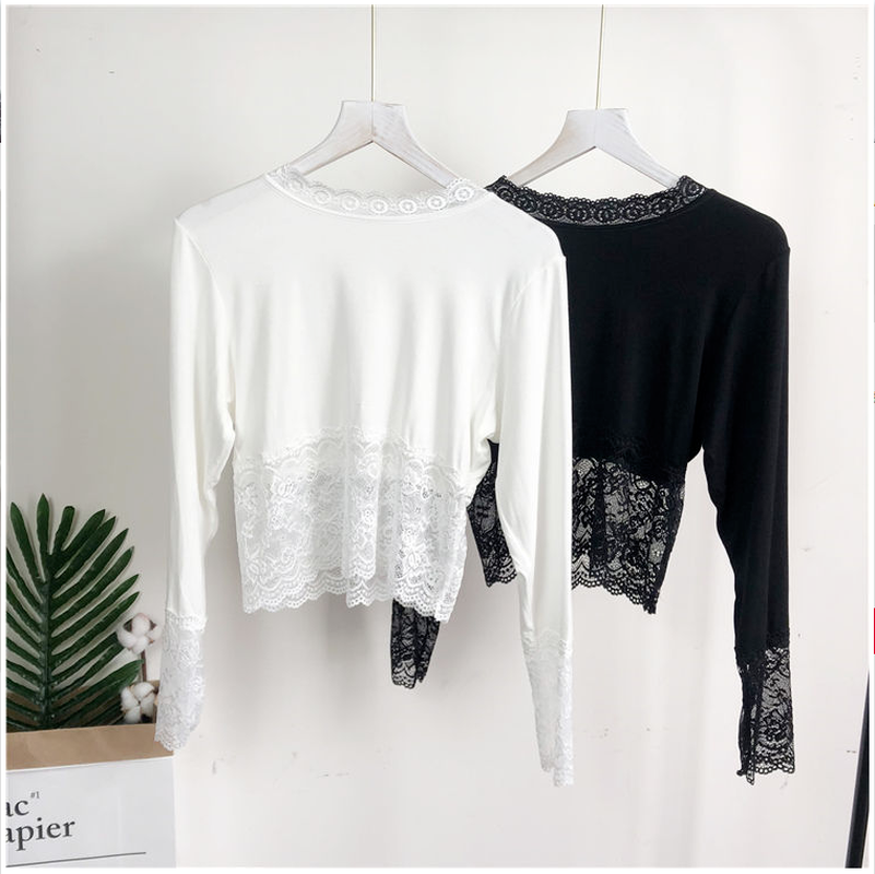 T-shirt Crop Top Basic A Maniche Lunghe Slim In Pizzo