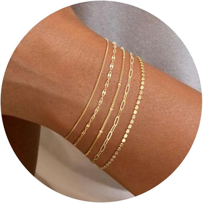 Dainty Gold Bracelets For Women – 14K Gold Plated Stackable Set, Delicate Dot & Snake Designs, Adjustable 6.3” + 1.5” Chain, Waterproof