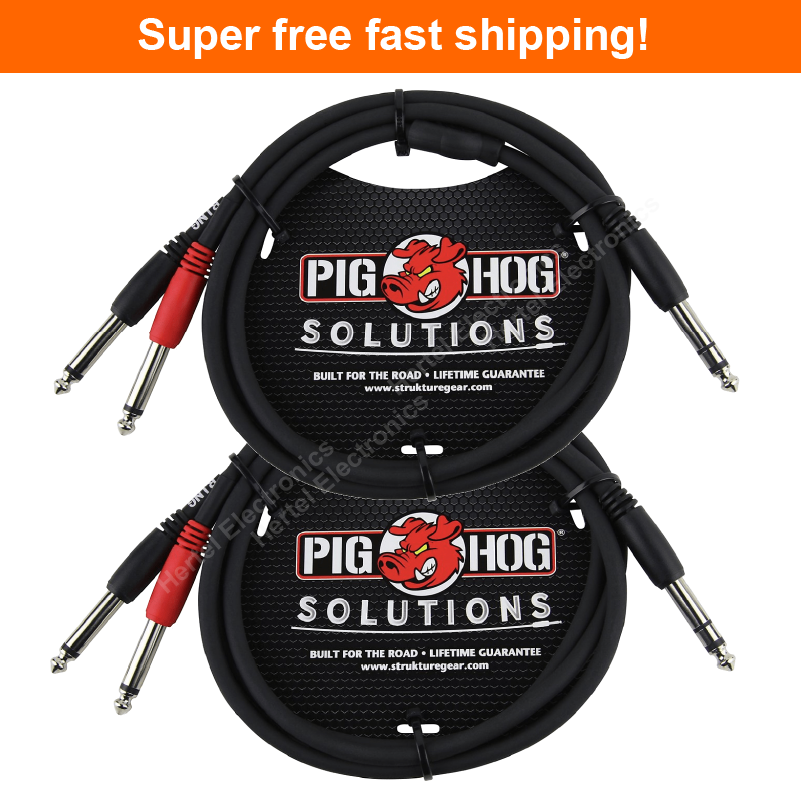 2 Pack Pig Hog PYIC03 Insert Cable 3ft 1/4 TRS Stereo Male to Dual