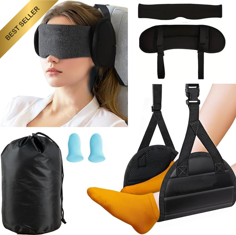 Travel Comfort Set 3 PCS– Adjustable Foot Rest Hammock + 360° Support Travel Pil