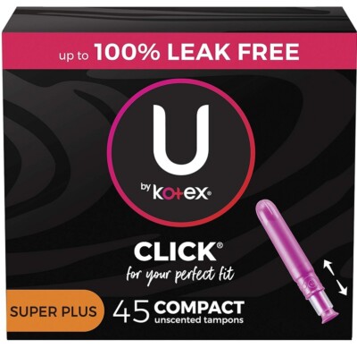 U by Kotex Click Compact Tampons Super plus Absorbency Unscented Leak Free 45 Ct