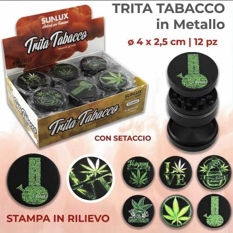 Set 12 Pezzi Tritatabacco In Metallo Con Setaccio Stampe In Rilievo