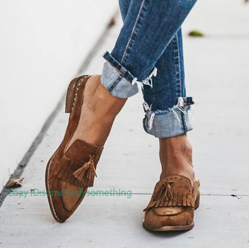 Womens Casual Slip-On Tassel Flats Loafer Oxfords Shoes Suede Pointed Toe Mules