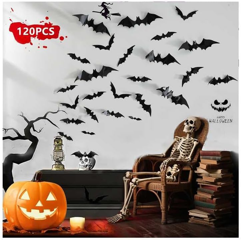 120Pc 3D Halloween Bat Stickers Wall Window Black Scary Home Party Decor 4 Sizes