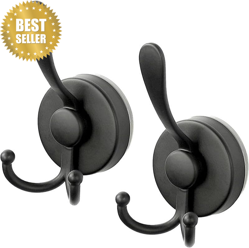 Stainless Steel Suction Cup Black Double Prong Towel Hook, 2Pcs Suction Cup Blac