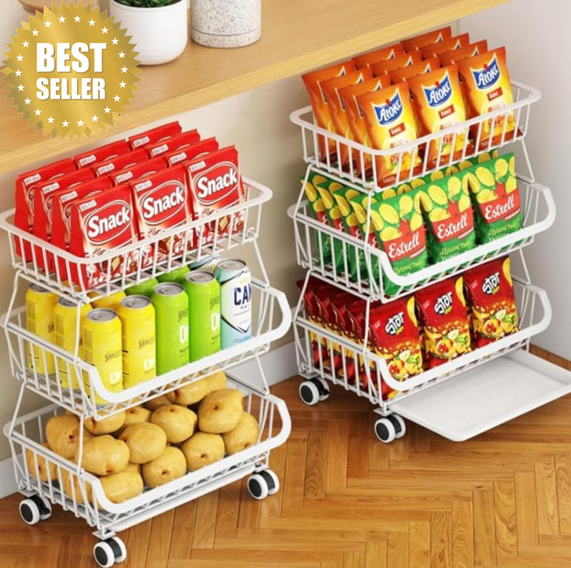 3-Tier Rolling Pantry Cart with Wheels, Stackable Wire Storage Floor Organizer f
