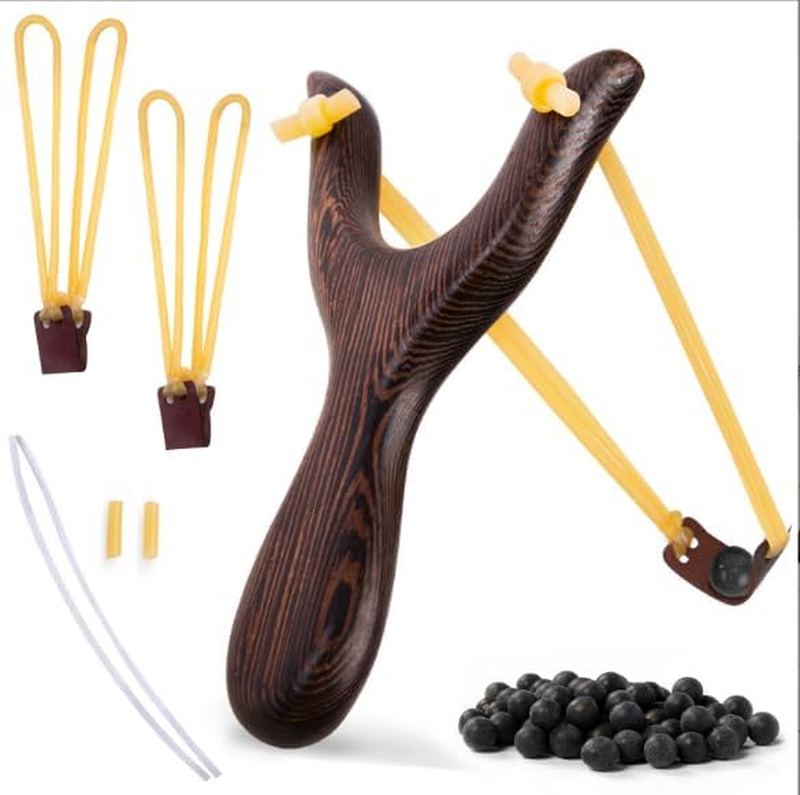 POPLAY Wooden Slingshot Toy, Solid Wooden Slingshot Resortera with Spare Rubber