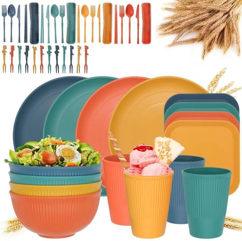 48-Piece Kitchen Plastic Wheat Straw Dinnerware Set, Dinner Plates, Dessert Plat