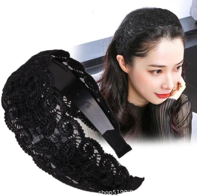 Black Lace Headband for Women, Boho Wide Headbands Thick Headbands with Teeth, L