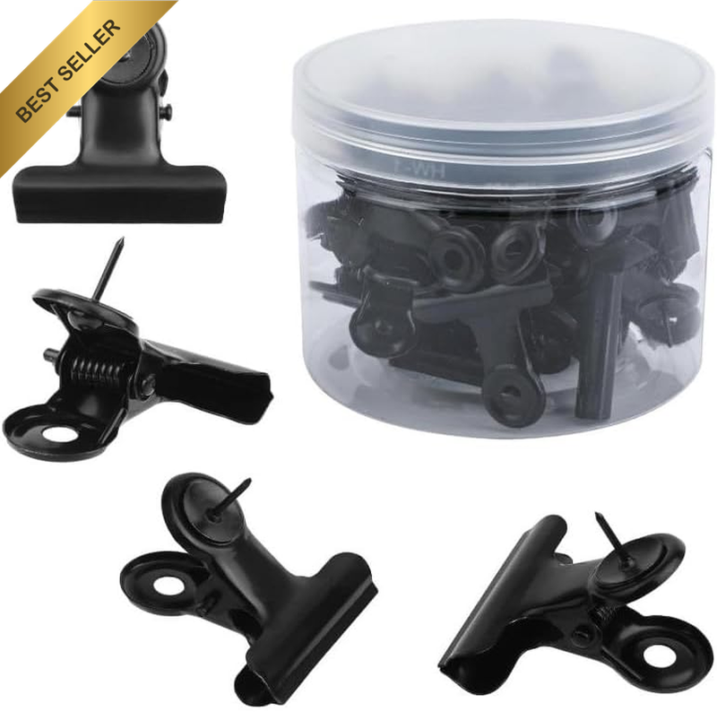 Metal Bulldog Clips with Thumb Tacks, 20Pcs Black Pushpin Clips Bulldog Clips wi