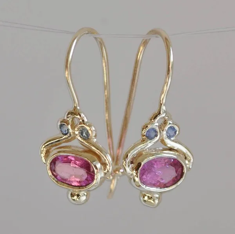 Unique 14K Blue Sapphire Oval Pink Tourmaline Gemstone Dangle Hook Earrings Women Jewelry Gifts