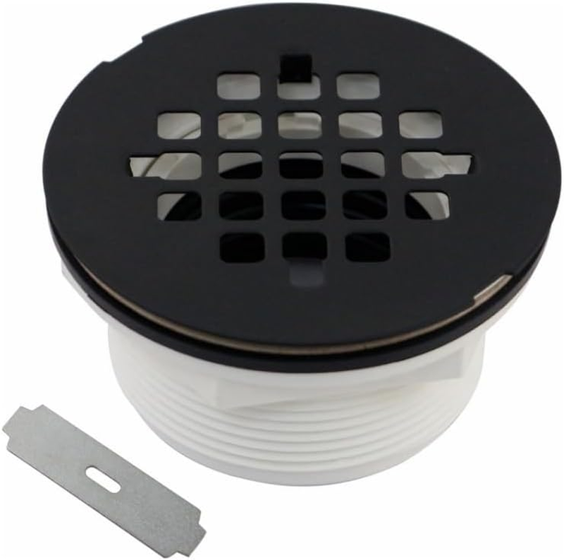 No-Caulk PVC Compression Shower Drain with round Grid Cover, 1-Pack, Matte Black