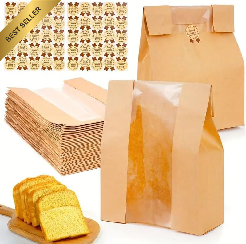 50-Pack Large Paper Bread Bags Window Label Eco-Friendly Kraft