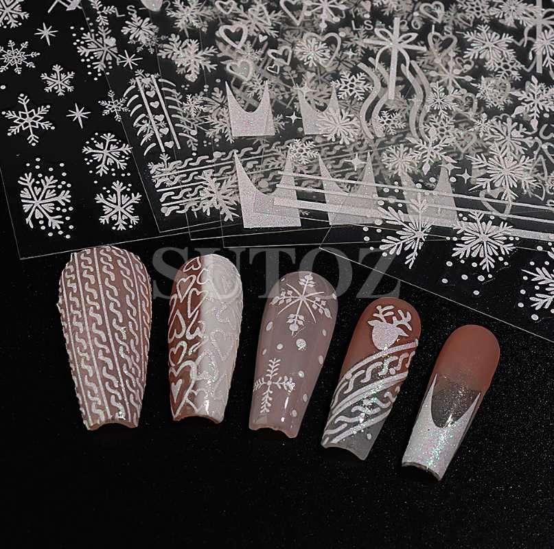 Christmas WHITE Glitter Snowflakes French Nail Art Stickers Decals Transfer NS44