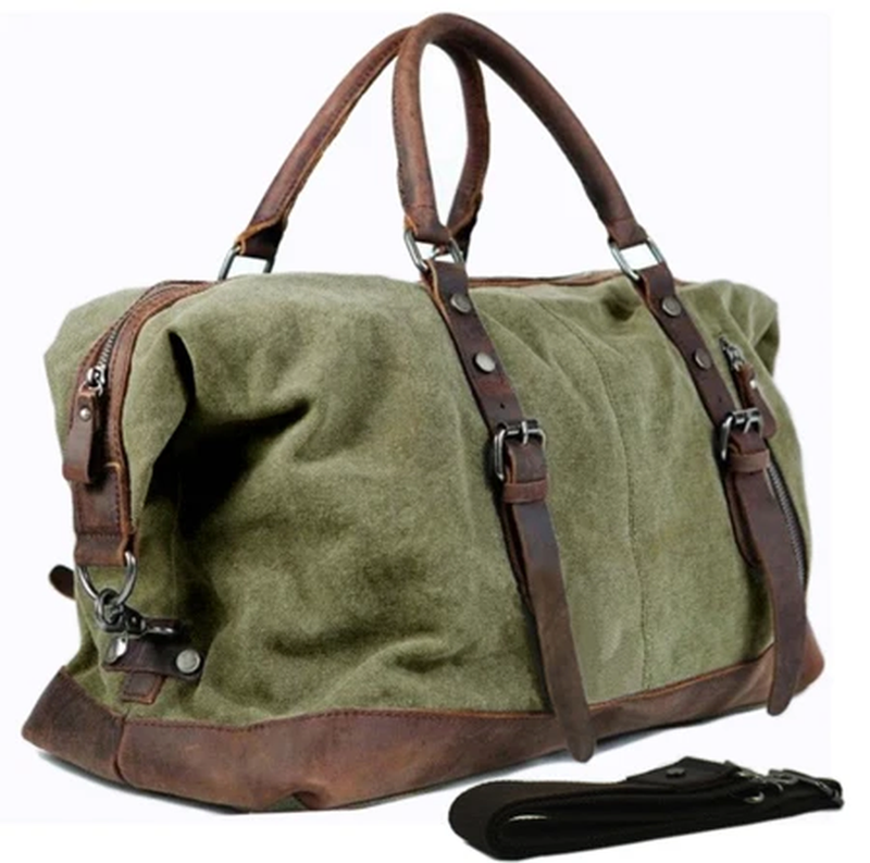 Vintage Military Style Canvas Genuine Leather Men Travel Duffel Bags Carry on