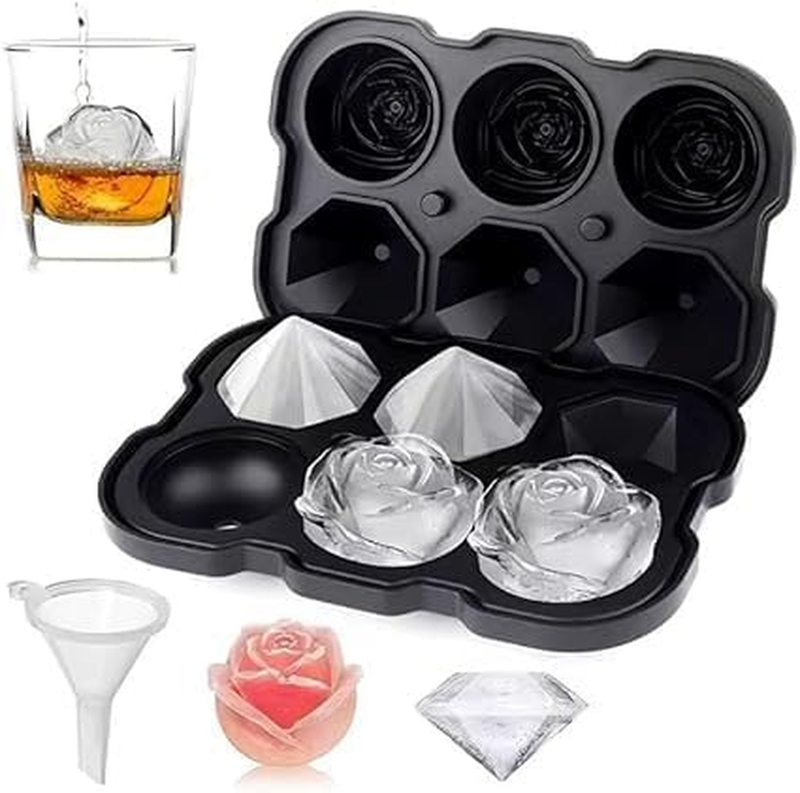 1PCS Rose & Diamond Ice Cube Tray, 3 Cavity Silicone Rose & Diamond Ice Ball Mak