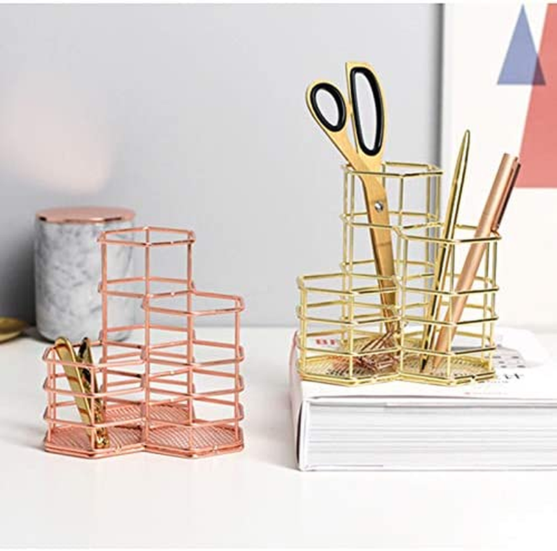 Pencil Holder, Gold Pen Holder for Desk Organizer, Metal 3 Compartments Makeup B